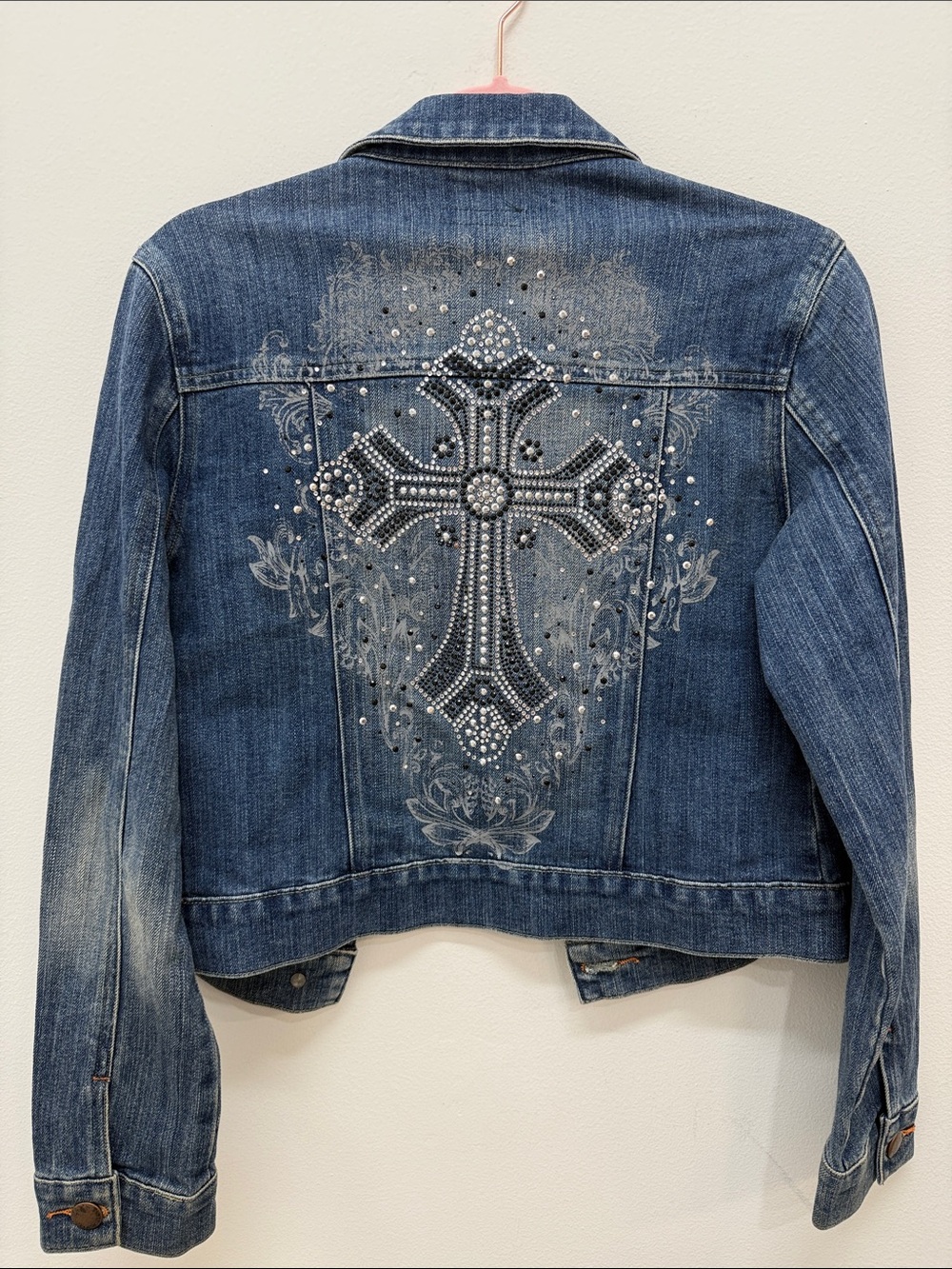 Y2k Denim Jacket - rhinestone cross medium
